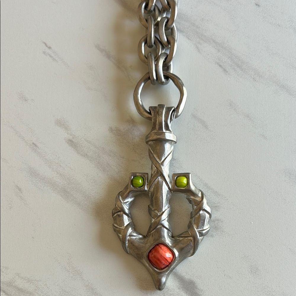 Karl Lagerfeld Vintage Silver Pendant Necklace with Orange and Green Accents